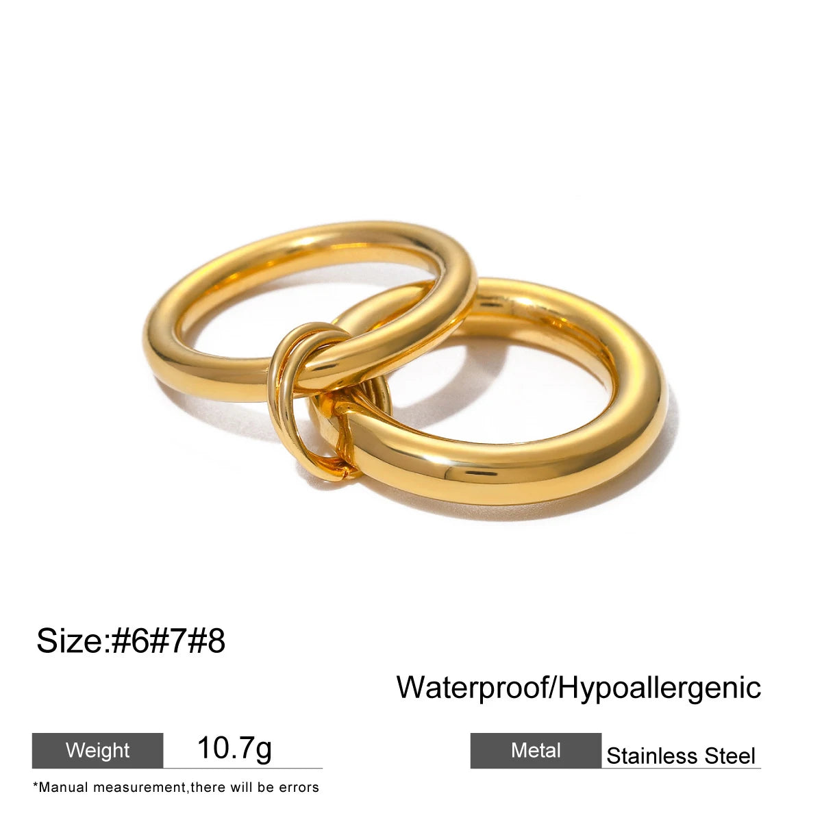 18K Gold Plated Stainless Steel Double Round Finger Ring for Women Waterproof Hiphop Jewelry
