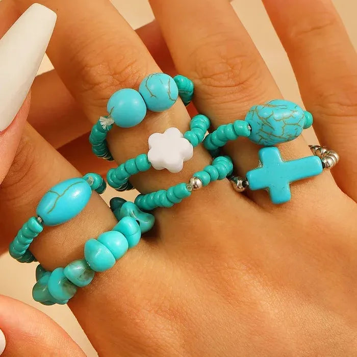 Cross Beads Ring Set for Women Ethnic Retro Blue Stone Jewelry Gift
