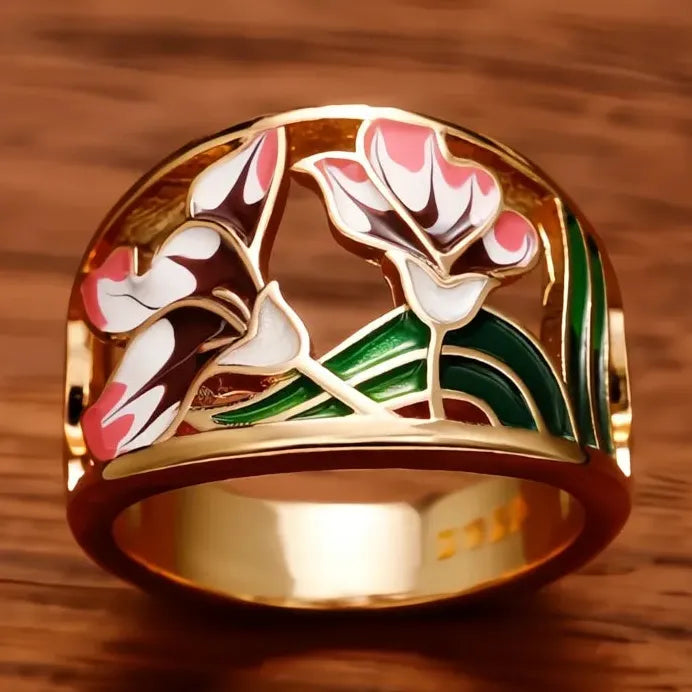 Handmade Brass Enamel Geometric Flower Ring for Women Wedding Jewelry
