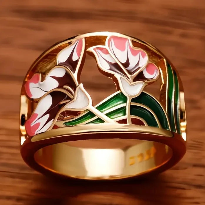 Handmade Brass Epoxy Flower Rings for Women Wedding Party Jewelry