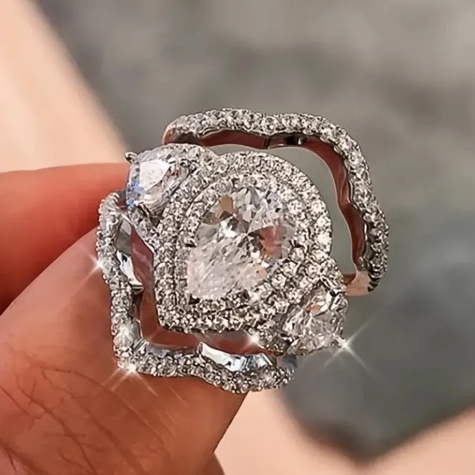 Opulent 3Pc Cubic Zirconia Bridal Wedding Ring Set with Geometric Design