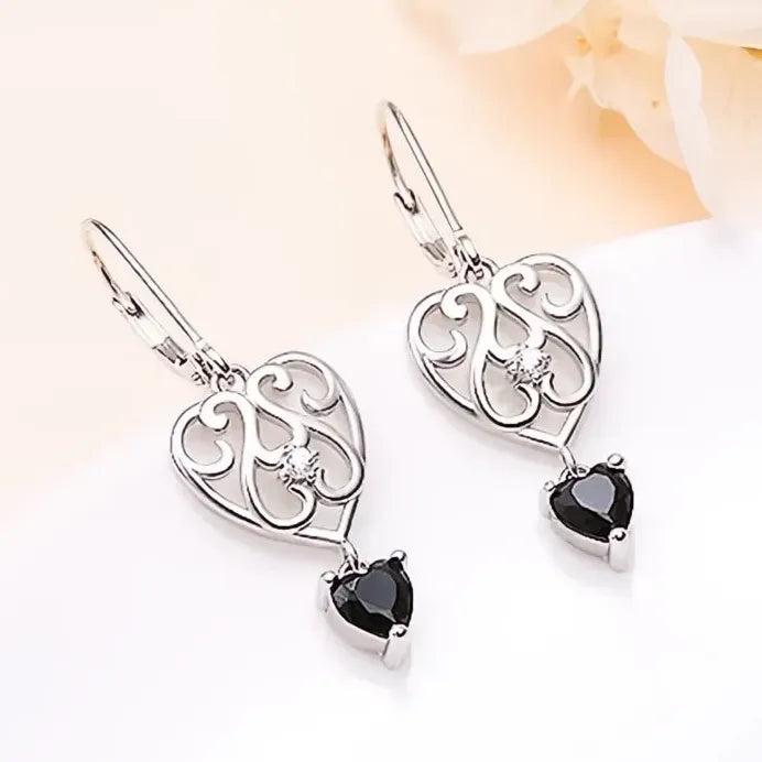 Hollow Heart Dangle Earrings with Black Cubic Zirconia Sparkle for Women