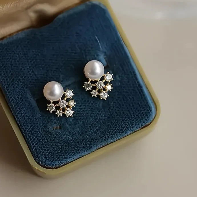 Geometric Pearl Stud Earrings with Shiny Star CZ Copper Alloy Jewelry for Women