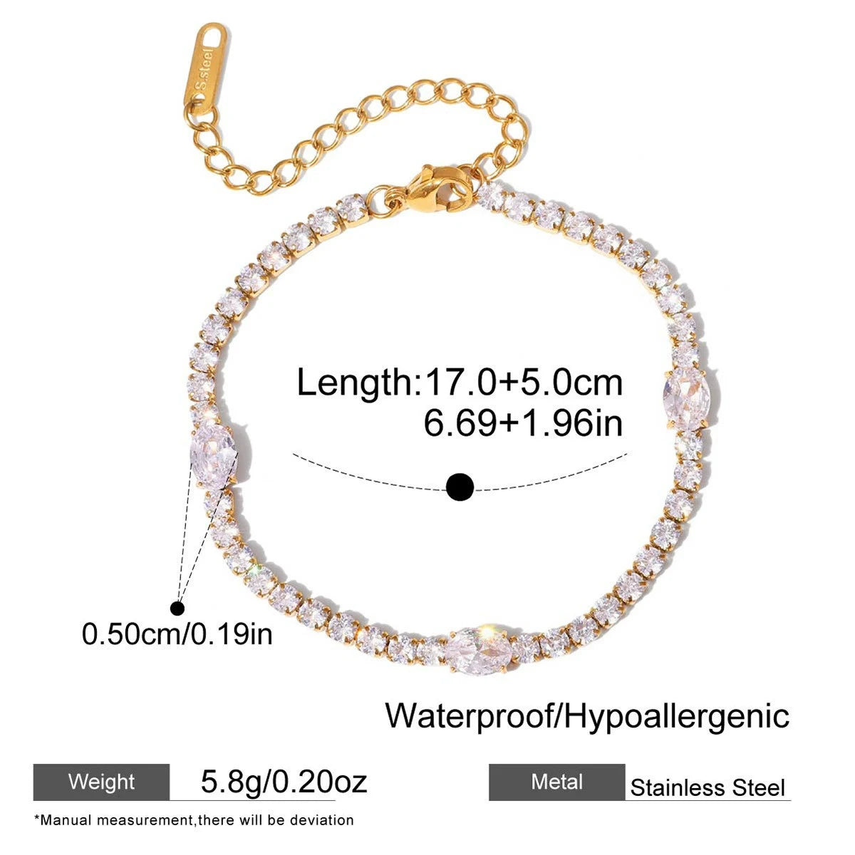 18K Gold Plated Stainless Steel Tennis Chain Bracelet CZ Zircon Fashion Jewelry Gift