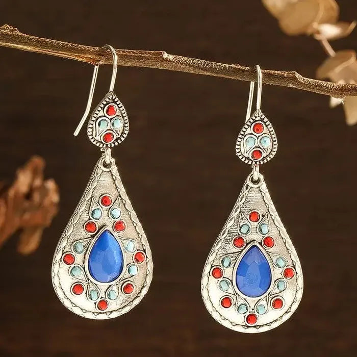 Boho Ethnic Enamel Drop Earrings for Women Retro Hollow Flower Zinc Alloy Jewelry