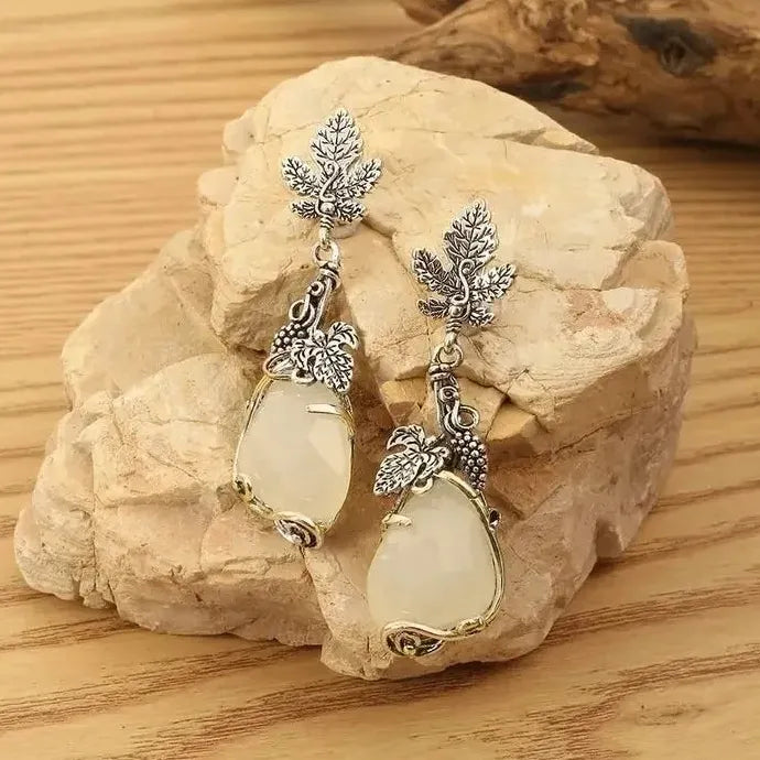 Vintage Silver Color Maple Leaf Dangle Earrings White Stone Water Droplets for Women