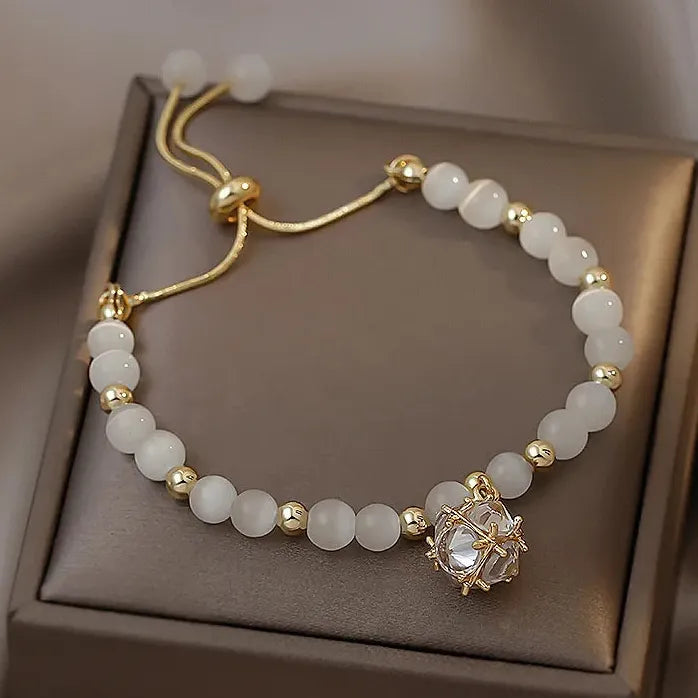 Korean White Opal Pearl Crystal Adjustable Cuff Bracelet Women Gift Jewelry