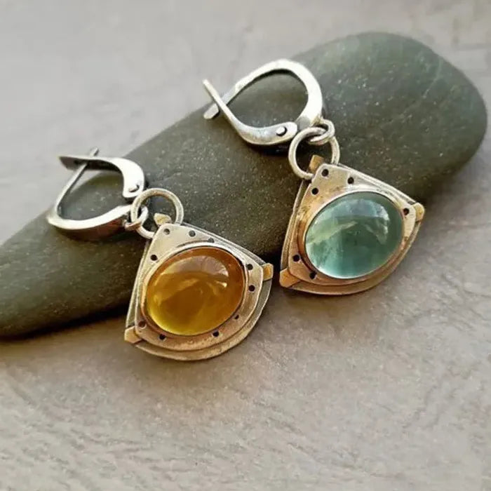 Silver Geometric Triangle Drop Earrings with Yellow & Blue Gemstones for Women