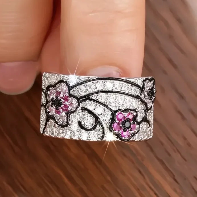 Elegant Pink Flower Cubic Zirconia Brass Ring for Women Fashion Jewelry
