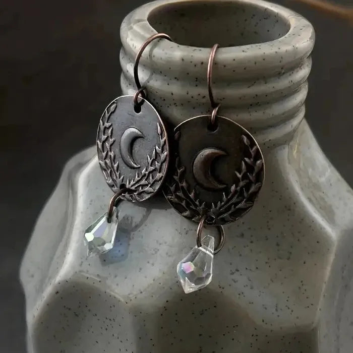 Vintage Red Copper Moon Pattern Drop Earrings for Women with Crystal Pendant Jewelry