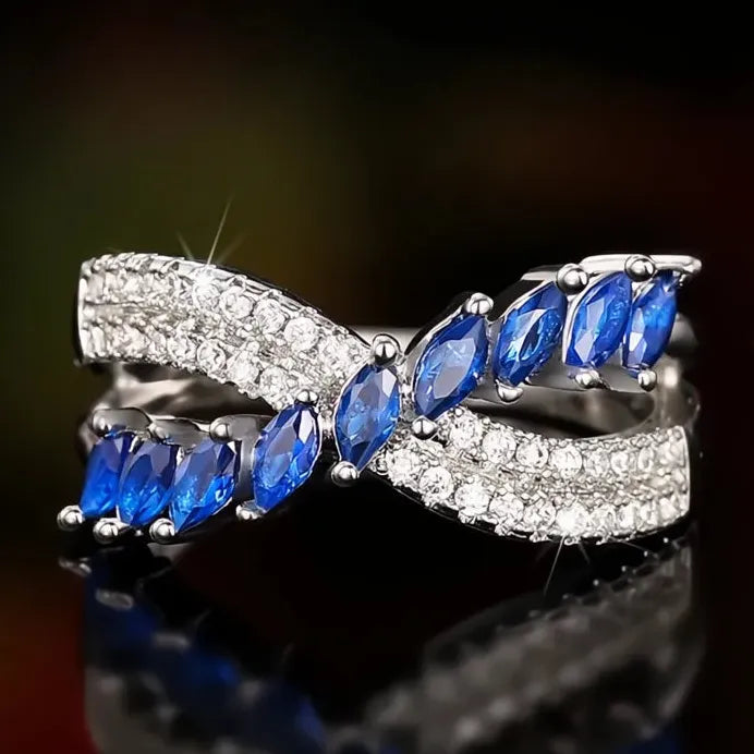 Women's Geometric Cross Ring with Blue & White Cubic Zirconia Jewelry