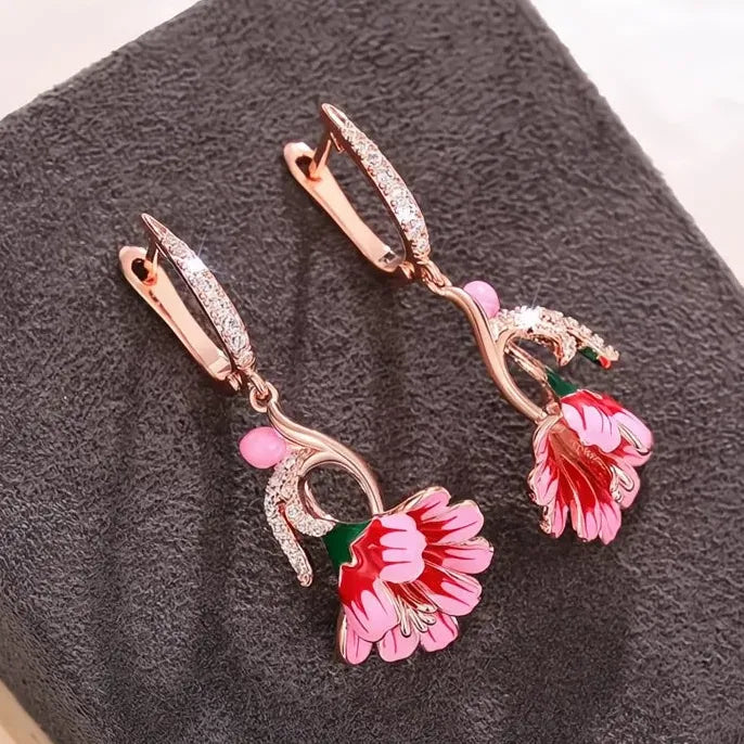 Handmade Pink Flower Geometric Dangle Earrings with Cubic Zirconia Gift
