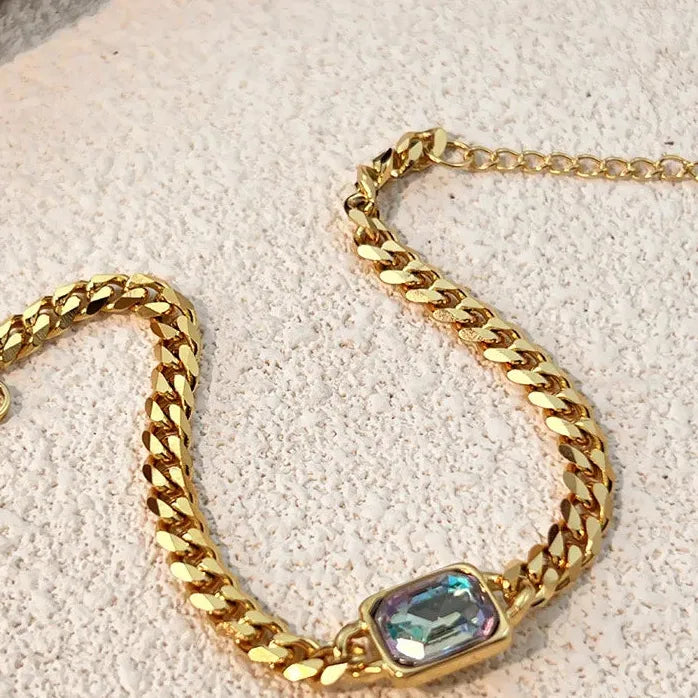 Punk Green Square CZ Zircon Thick Chain Bracelet Women Stainless Steel Durable Waterproof