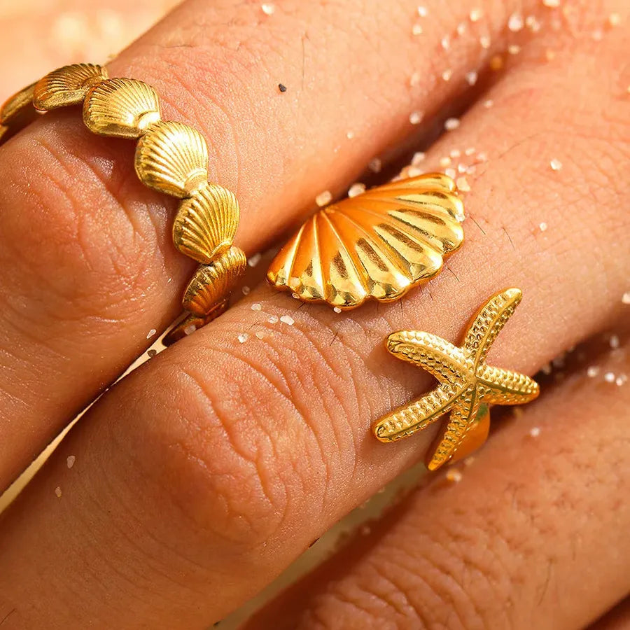 18K Gold Color Geometric Wide Stainless Steel Waterproof Ring for Women Jewelry