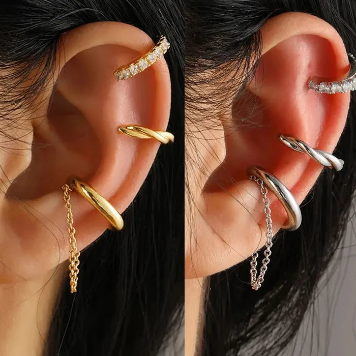3Pcs Rhinestone Tassel C Shape Clip Earrings Zinc Alloy No Piercing Gift