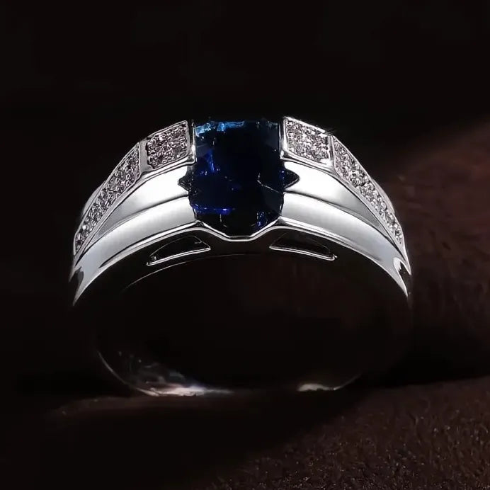 Deep Blue Geometric Cubic Zirconia Cocktail Ring for Women Silver Tone