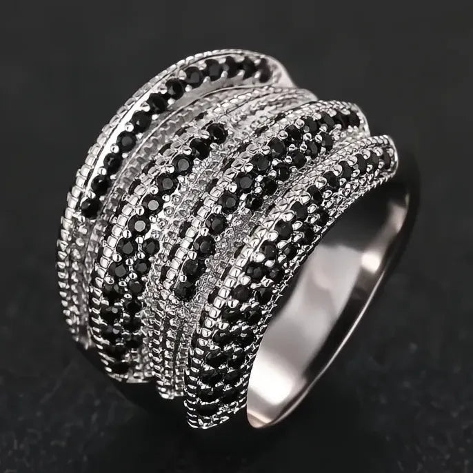 Hiphop Women’s Cocktail Ring Silver Color Brass Black Sparkling Cubic Zirconia Party Jewelry