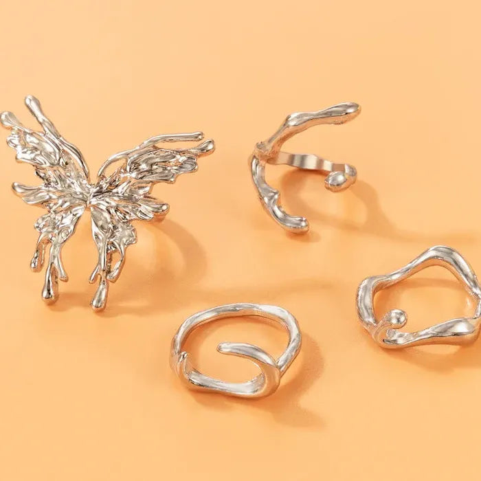 Silver Metal Liquid Butterfly Rings Set Women Gothic Punk Jewelry