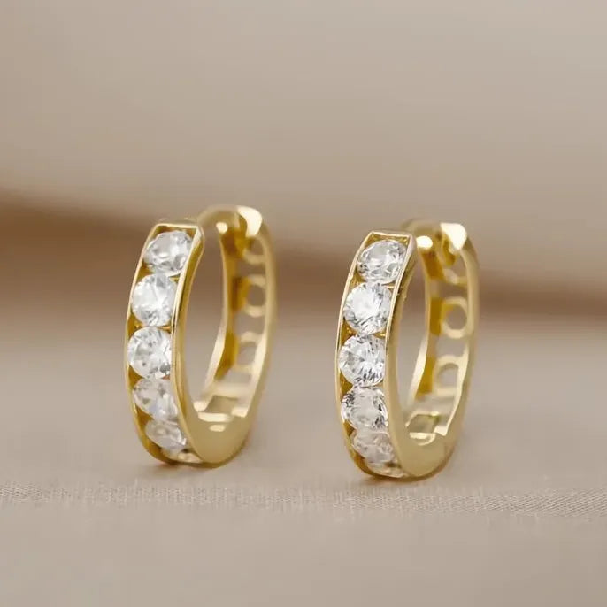Gold Cubic Zirconia Hollow Hoop Earrings Copper Alloy Jewelry