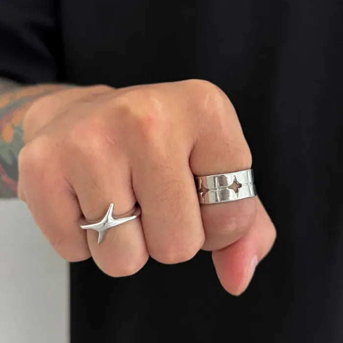 Unisex Punk Silver Four Star Open Ring Hip Hop Y2K Fashion Jewelry