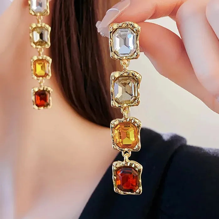 DREJEW Vintage Rhinestone Square Geometric Dangle Earrings for Women Silver Needle Gift
