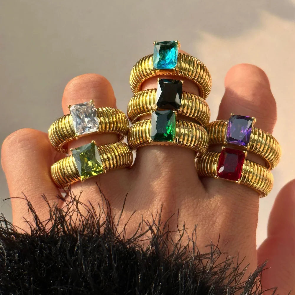 Punk Multicolor Crystal Ring for Women 18K Gold Plated Waterproof Thick Square Ring