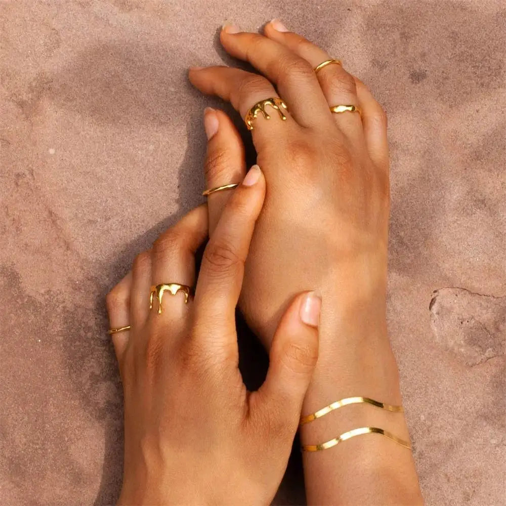 18K Gold Plated Stainless Steel Geometric Lava Melt Waterdrop Ring Bride Wed Party