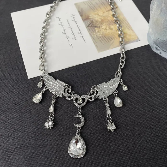Silver Crystal Wing Moon Pendant Necklace for Women Zinc Alloy Jewelry