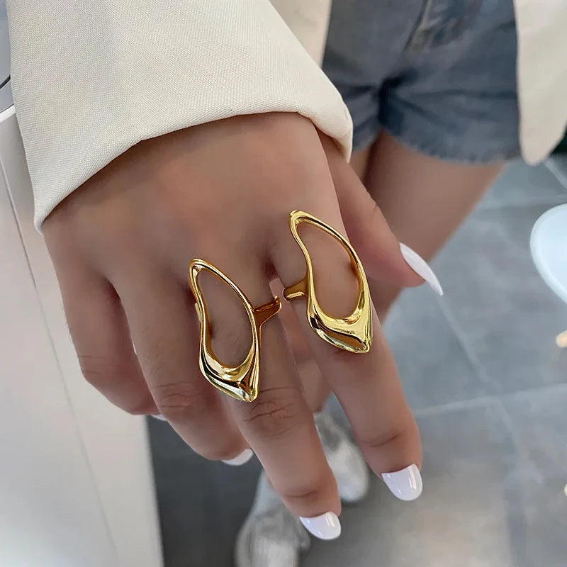 18K Gold Plated Stainless Steel Geometric Hollow Out Minimalist Ring for Women