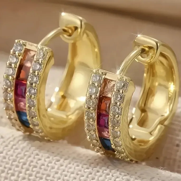 Geometric Multi-Color CZ Inlaid Copper Alloy Hoop Earrings for Party & Wedding