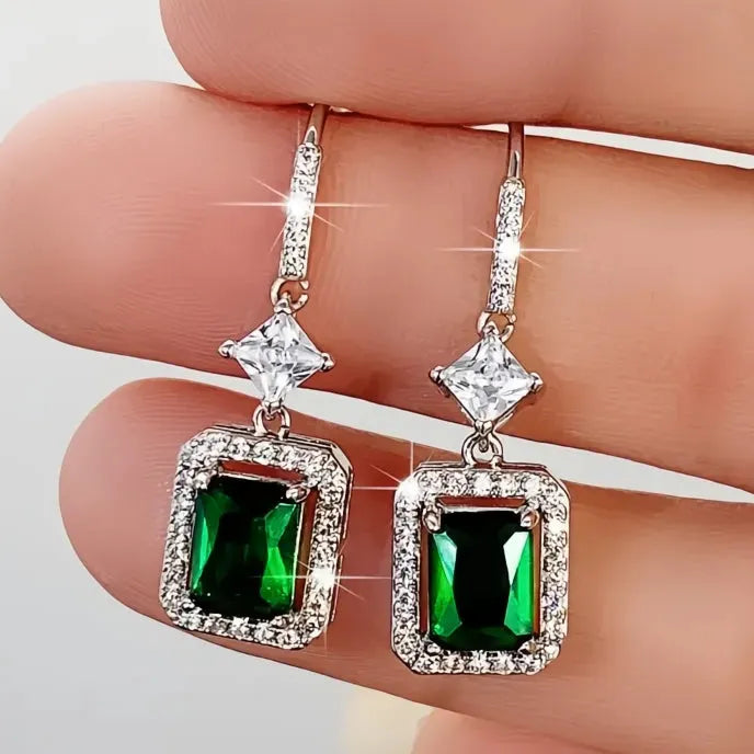 Green Cubic Zirconia Geometric Drop Earrings for Women Copper Alloy Jewelry