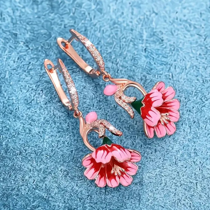 Handmade Pink Flower Geometric Dangle Earrings with Cubic Zirconia Gift
