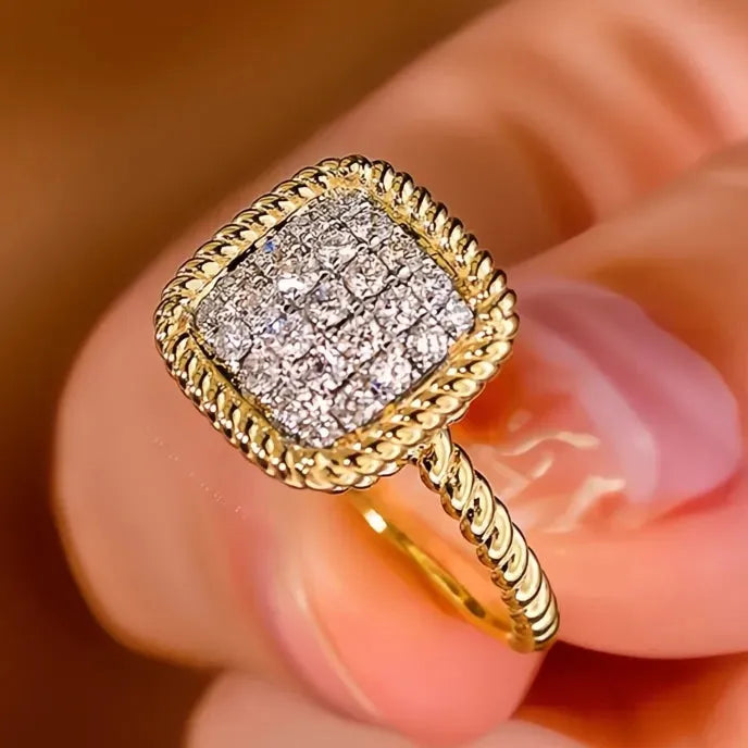 Modern Two-Tone Brass Women’s Wedding Band Ring Square Shape Cubic Zirconia Jewelry