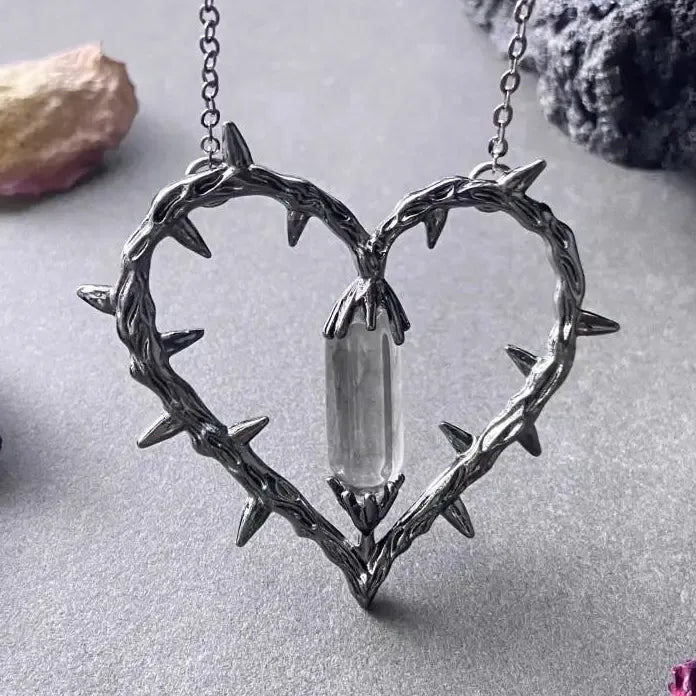 Vintage Thorn Heart Crystal Pendant Necklace Gothic Jewelry Gift for Men Women