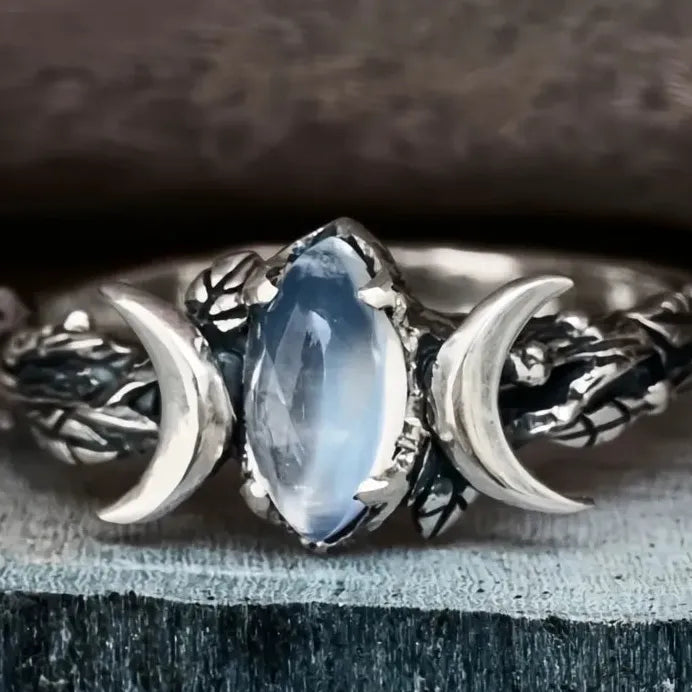 Vintage Geometric Olive Branch Ring with Imitation Moonstone for Women Gift