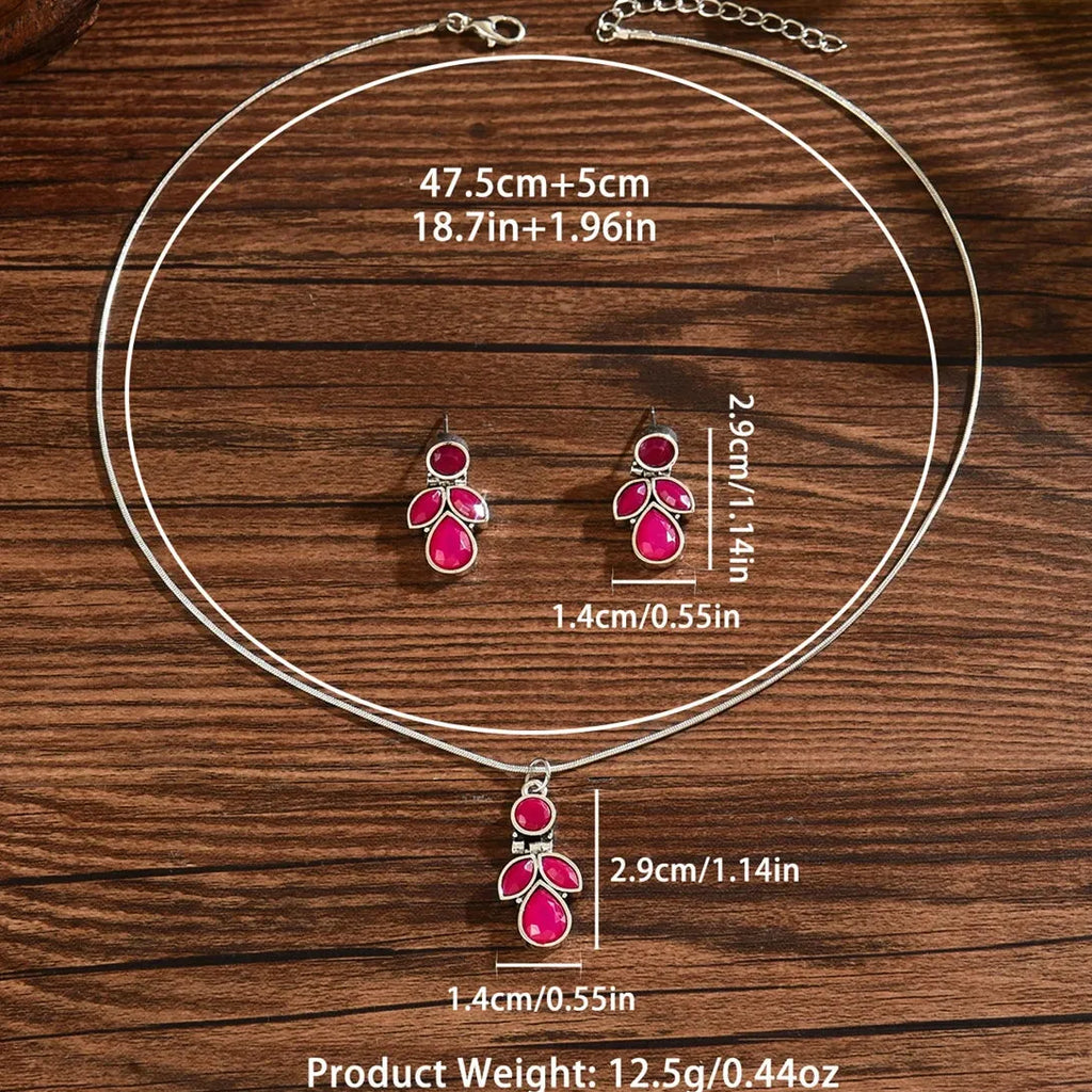 Vintage Rose Red Synthetic Stone Necklace Earring Set Zinc Alloy Jewelry Gift
