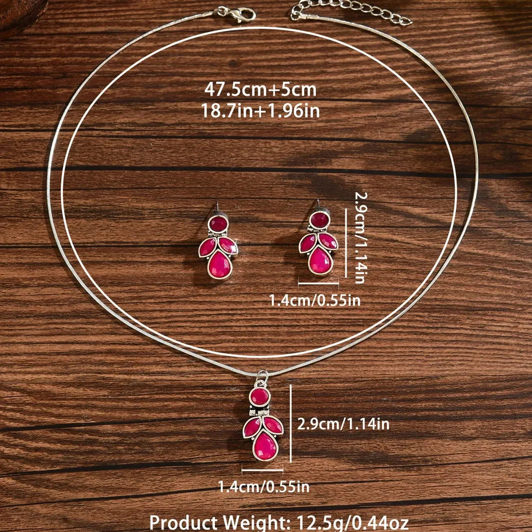 Vintage Rose Red Synthetic Stone Necklace Earring Set Zinc Alloy Jewelry Gift