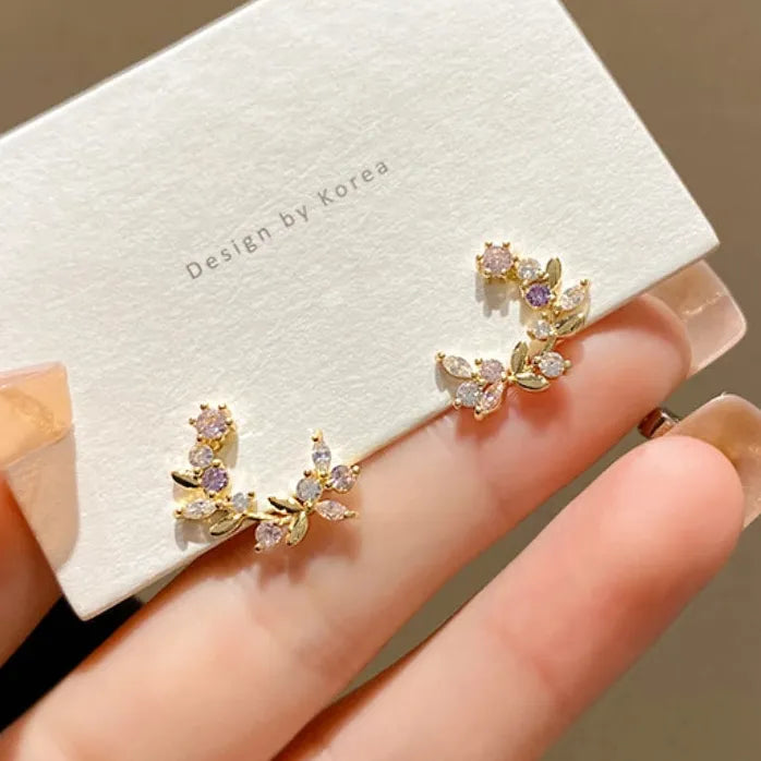 Colored Inlaid Rhinestone Moon Leaf Stud Earrings for Women Copper Alloy Jewelry