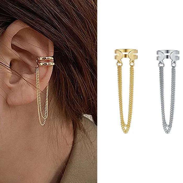 Silver Long Tassel Clip-On Earrings for Women Zinc Alloy No Piercing
