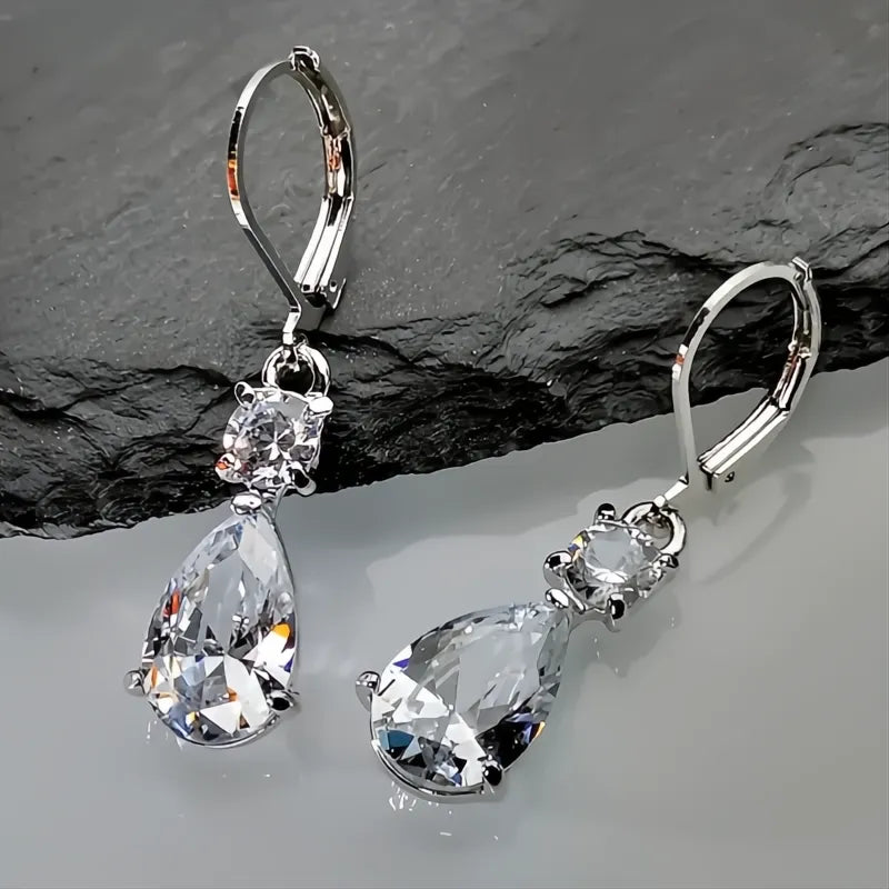 Crystal Hanging Drop Earrings with Pear Cubic Zirconia, Elegant Women’s Wedding Party Jewelry