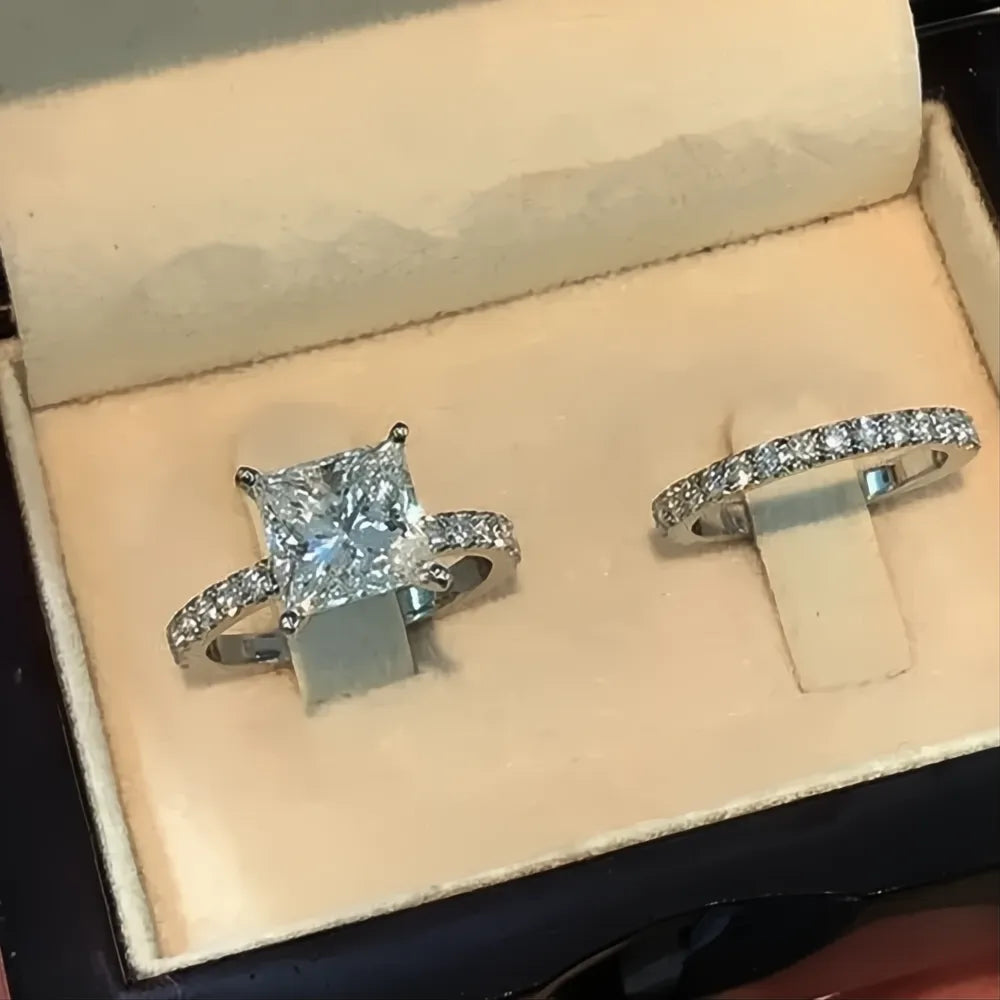 Simple Elegant Round Square Cubic Zirconia Rings for Women Silver Color Bridal Wedding Party Jewelry Set