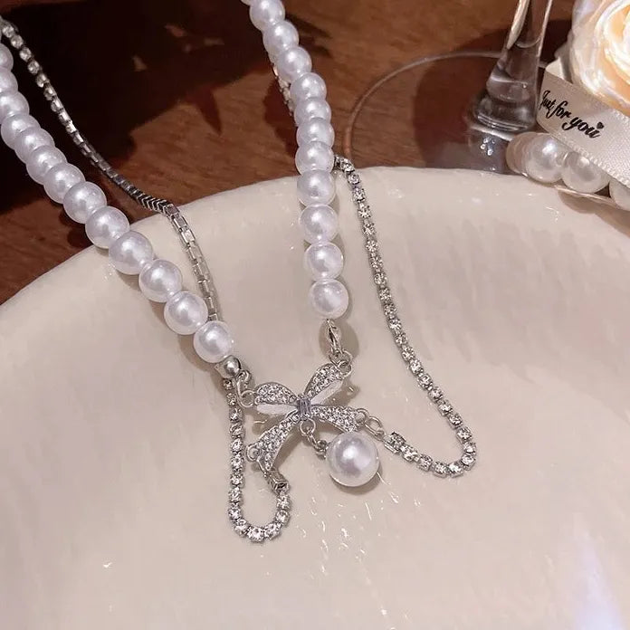 Pearl Bow Pendant Necklace Y2K Zircon Beads Tassel Double Clavicle Choker Gift