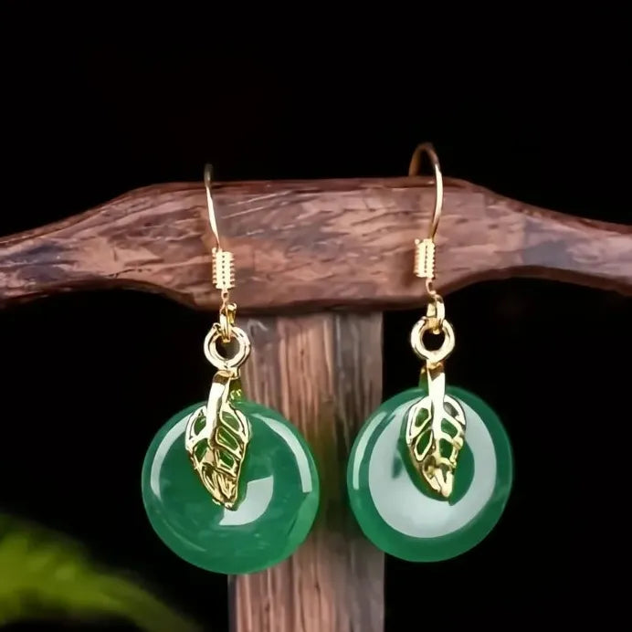 Green Stone Leaf Drop Earrings with Safety Buckle Elegant Gift for Women