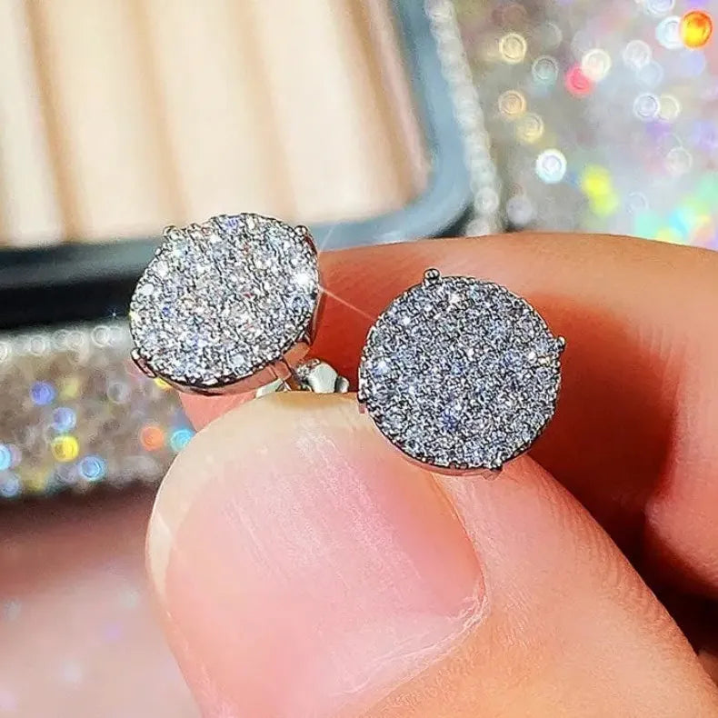 Round Stud Earrings with Shiny CZ Stone Silver Gold Copper Metal Jewelry Women