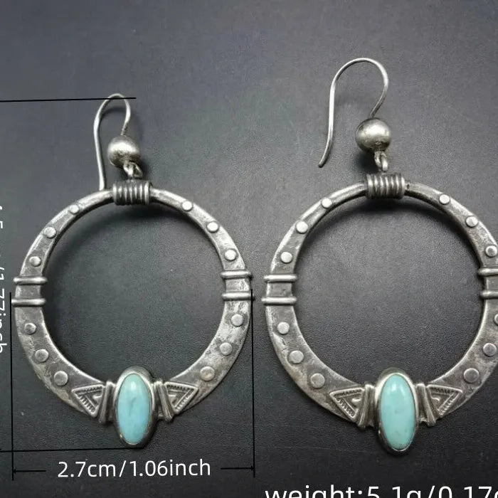 Retro Oval Green Resin Inlaid Drop Earrings Silver Metal Carved Stripes Women
