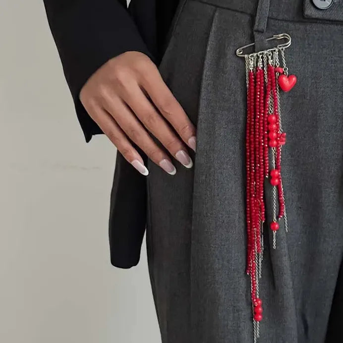 Red Crystal Heart Brooch with Tassel Chain Pendant Jewelry for Women Men