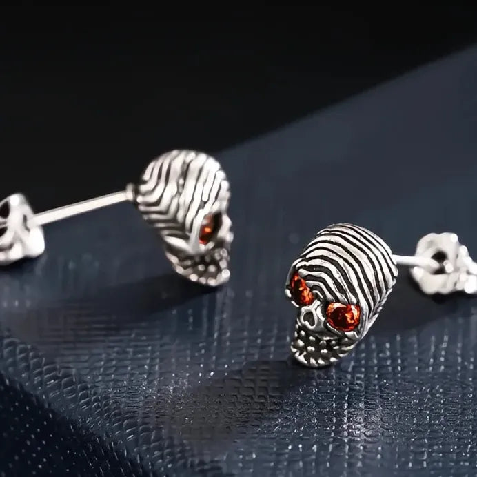 Neo-Gothic Women Skull Stud Earrings with White & Red Cubic Zirconia