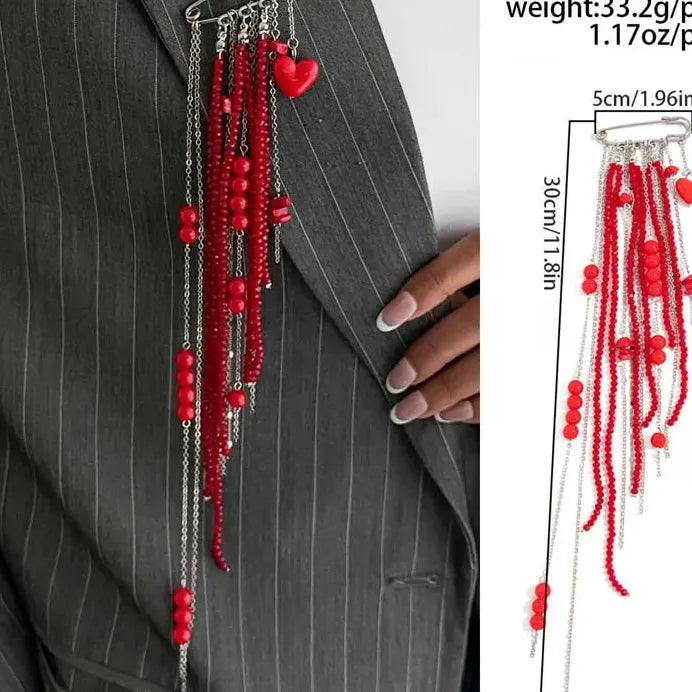 Red Crystal Heart Brooch with Tassel Chain Pendant Jewelry for Women Men