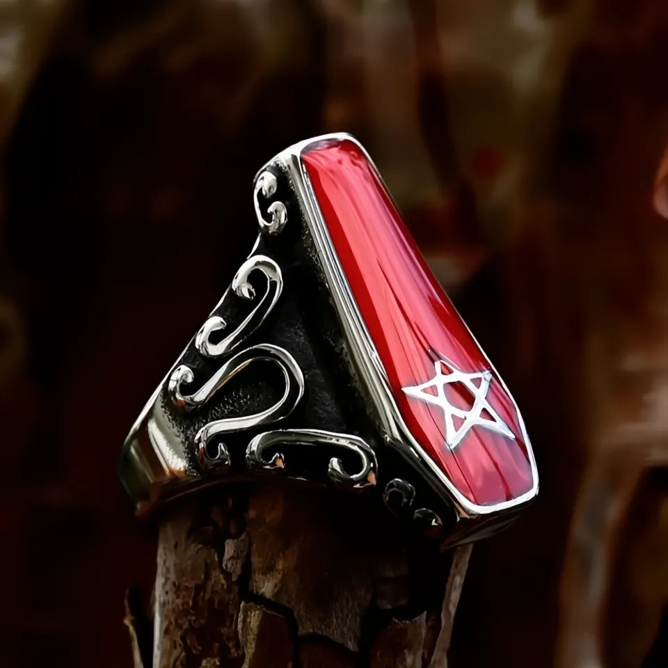 Gothic Vintage Stainless Steel Vampire Coffin Ring with Pentagram Star Unisex Jewelry