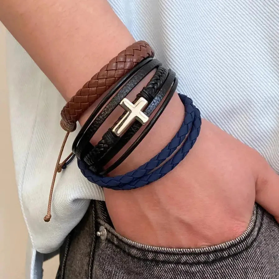 Hip Hop Punk Cross Double-Layer Handmade Woven Leather Adjustable Bracelet Men Women